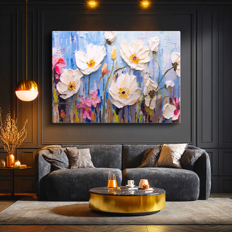 Yatay Kanvas Tablo Boya Dokulu Modern Çiçekler Çiçek Tablosu Ev Ofis Duvar Dekoru