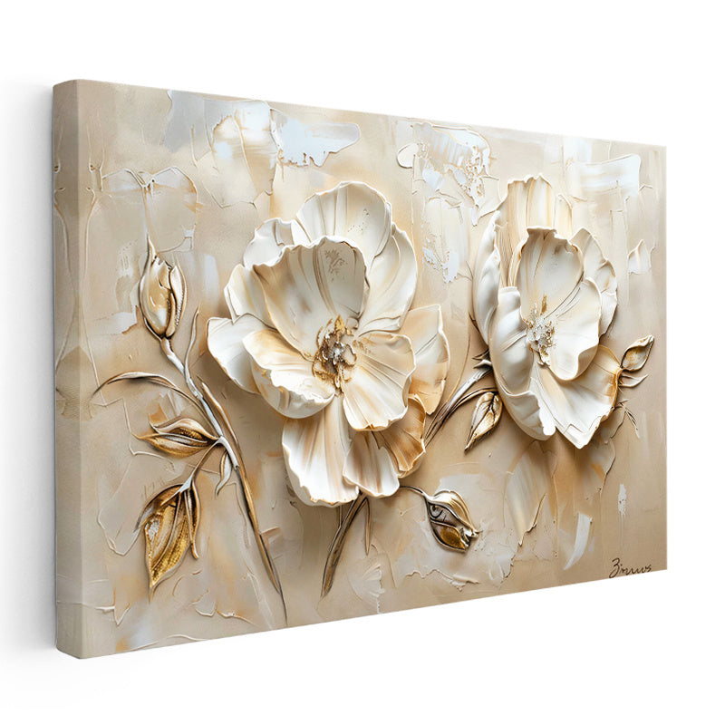 Yatay Kanvas Tablo Kabartma Görünümlü İkili Gül Çiçek Tablosu Ev Ofis Duvar Dekoru