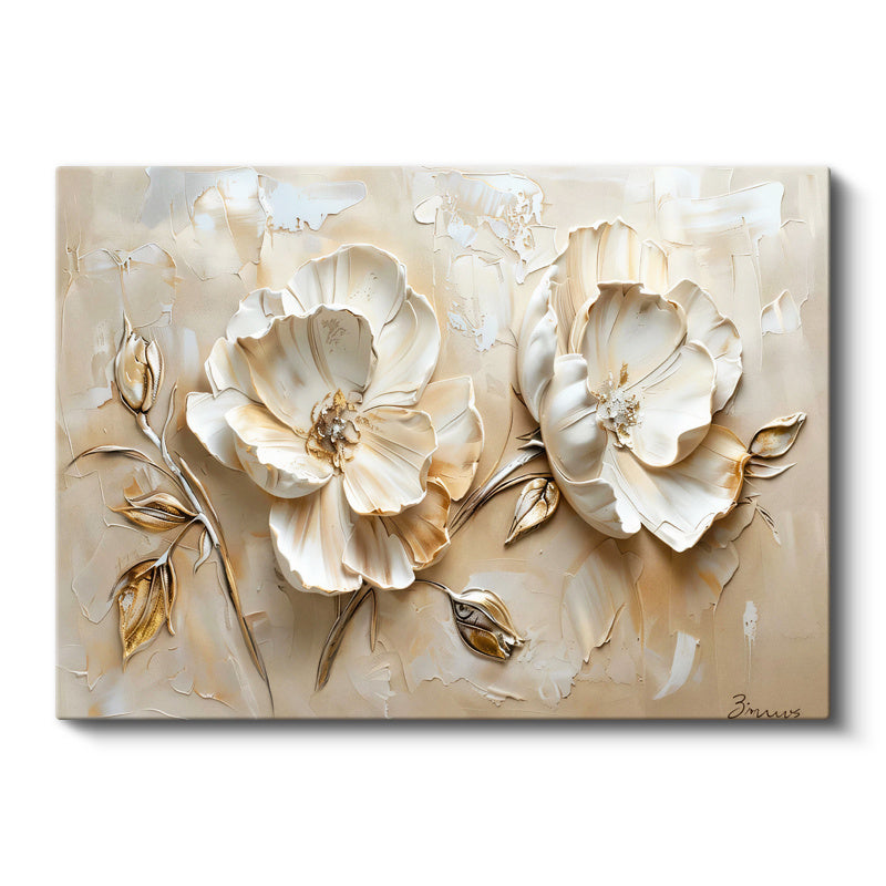 Yatay Kanvas Tablo Kabartma Görünümlü İkili Gül Çiçek Tablosu Ev Ofis Duvar Dekoru