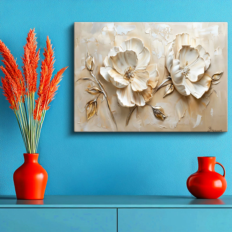 Yatay Kanvas Tablo Kabartma Görünümlü İkili Gül Çiçek Tablosu Ev Ofis Duvar Dekoru