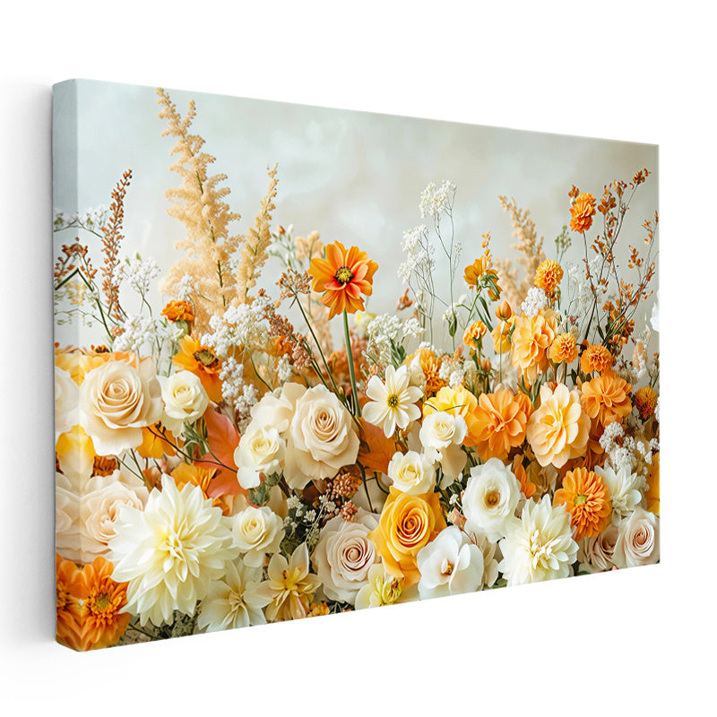 Yatay Kanvas Tablo Dolgun Çiçek Aranjmanı Gül Bahçesi Çiçek Tablosu Ev Ofis Duvar Dekoru