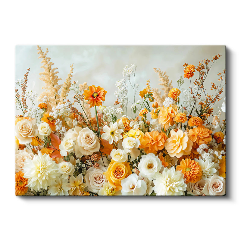 Yatay Kanvas Tablo Dolgun Çiçek Aranjmanı Gül Bahçesi Çiçek Tablosu Ev Ofis Duvar Dekoru