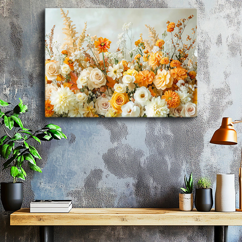 Yatay Kanvas Tablo Dolgun Çiçek Aranjmanı Gül Bahçesi Çiçek Tablosu Ev Ofis Duvar Dekoru
