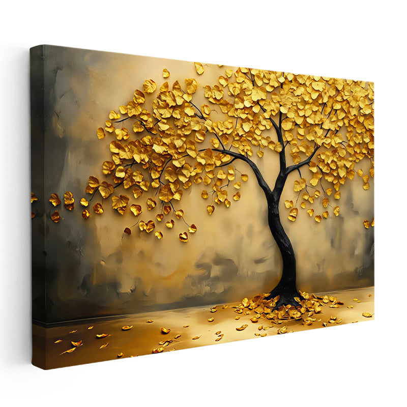 Yatay Kanvas Tablo Altın Yapraklı Estetik Ağaç Çiçek Tablosu Ev Ofis Duvar Dekoru