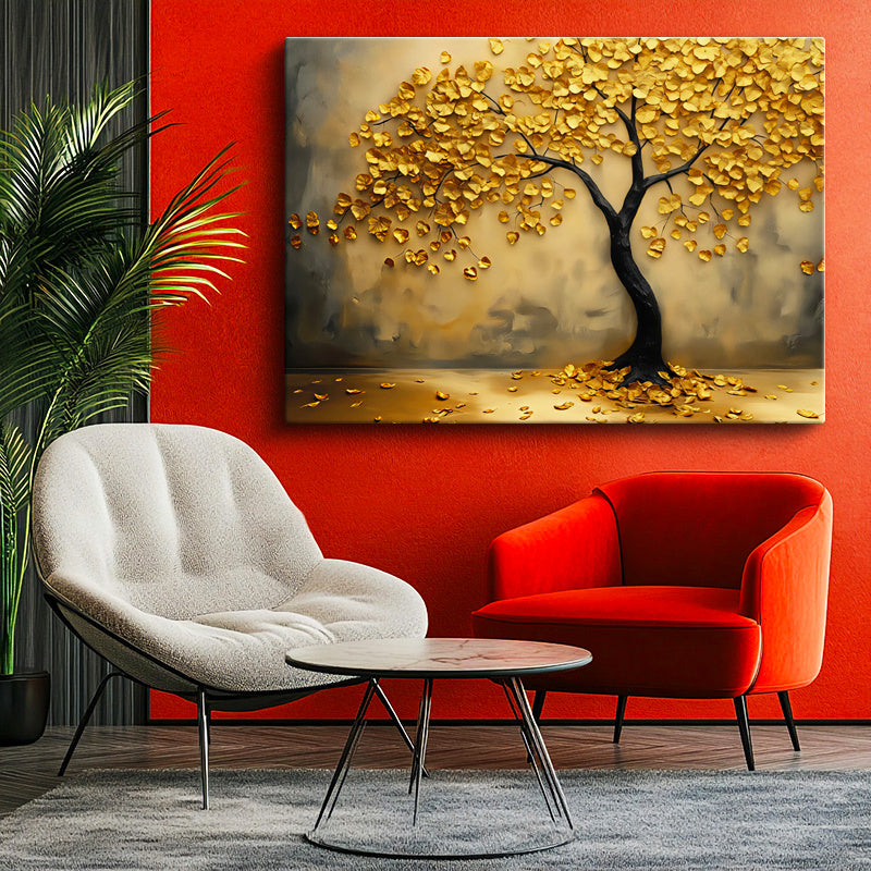 Yatay Kanvas Tablo Altın Yapraklı Estetik Ağaç Çiçek Tablosu Ev Ofis Duvar Dekoru