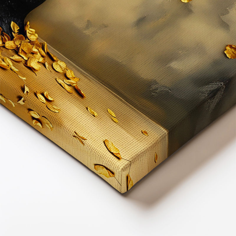 Yatay Kanvas Tablo Altın Yapraklı Estetik Ağaç Çiçek Tablosu Ev Ofis Duvar Dekoru