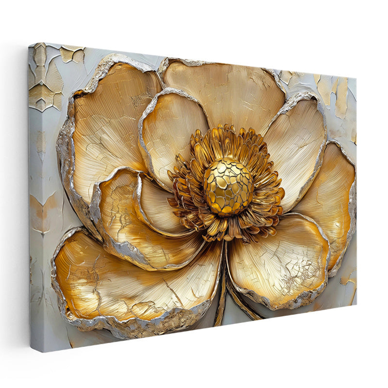Yatay Kanvas Tablo Kabartma Görünümlü Dev Altın Çiçek Çiçek Tablosu Ev Ofis Duvar Dekoru
