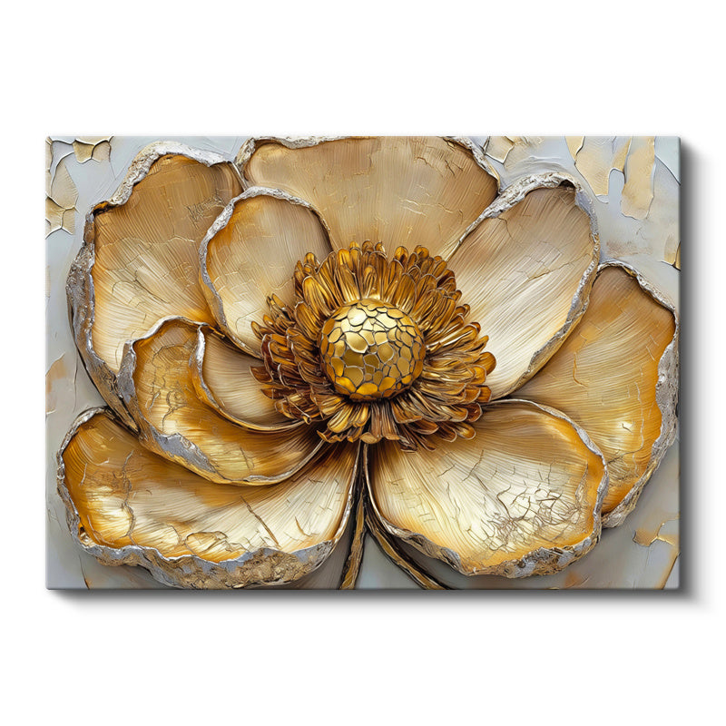Yatay Kanvas Tablo Kabartma Görünümlü Dev Altın Çiçek Çiçek Tablosu Ev Ofis Duvar Dekoru