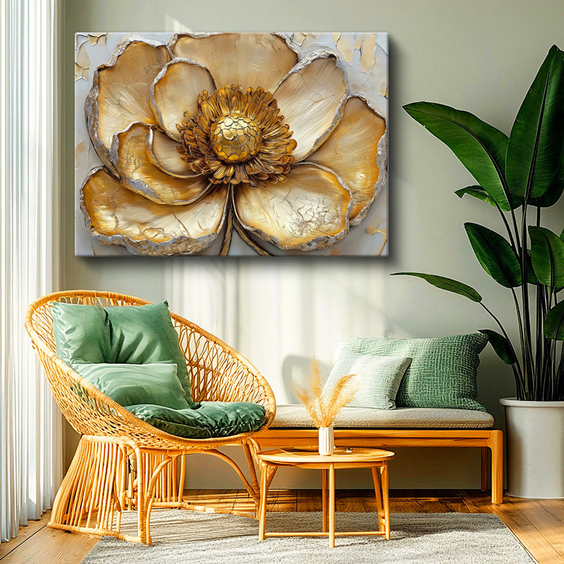 Yatay Kanvas Tablo Kabartma Görünümlü Dev Altın Çiçek Çiçek Tablosu Ev Ofis Duvar Dekoru