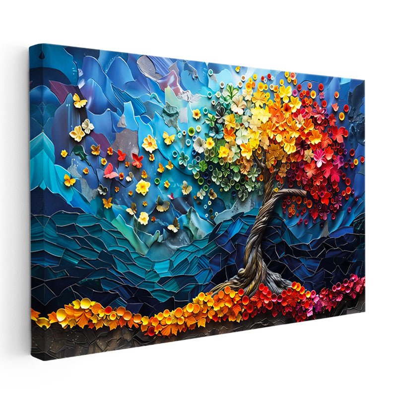 Yatay Kanvas Tablo Rengarenk Bahar Ağacı Çiçek Tablosu Ev Ofis Duvar Dekoru