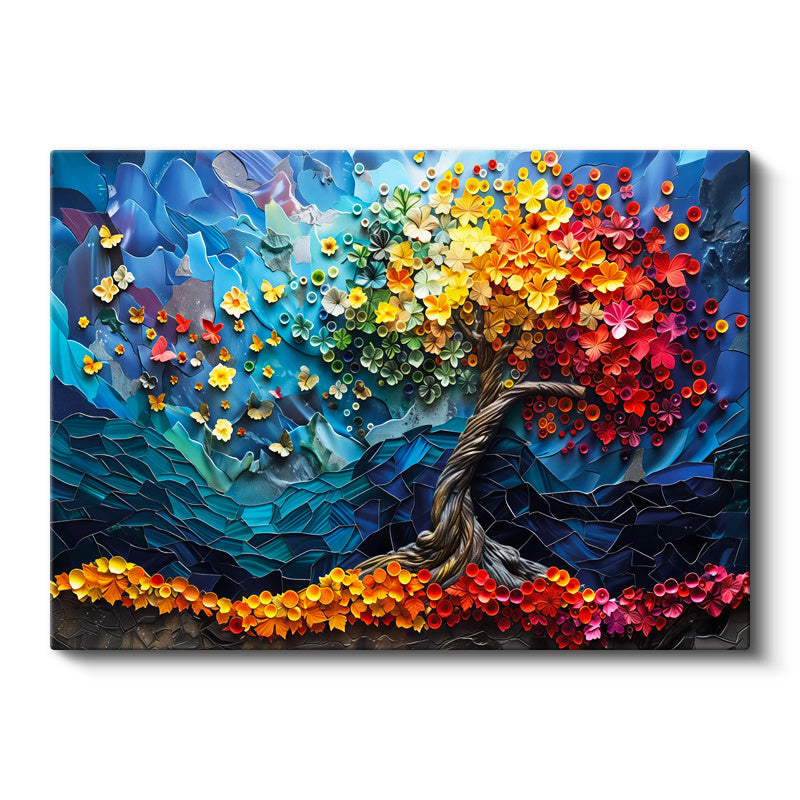 Yatay Kanvas Tablo Rengarenk Bahar Ağacı Çiçek Tablosu Ev Ofis Duvar Dekoru