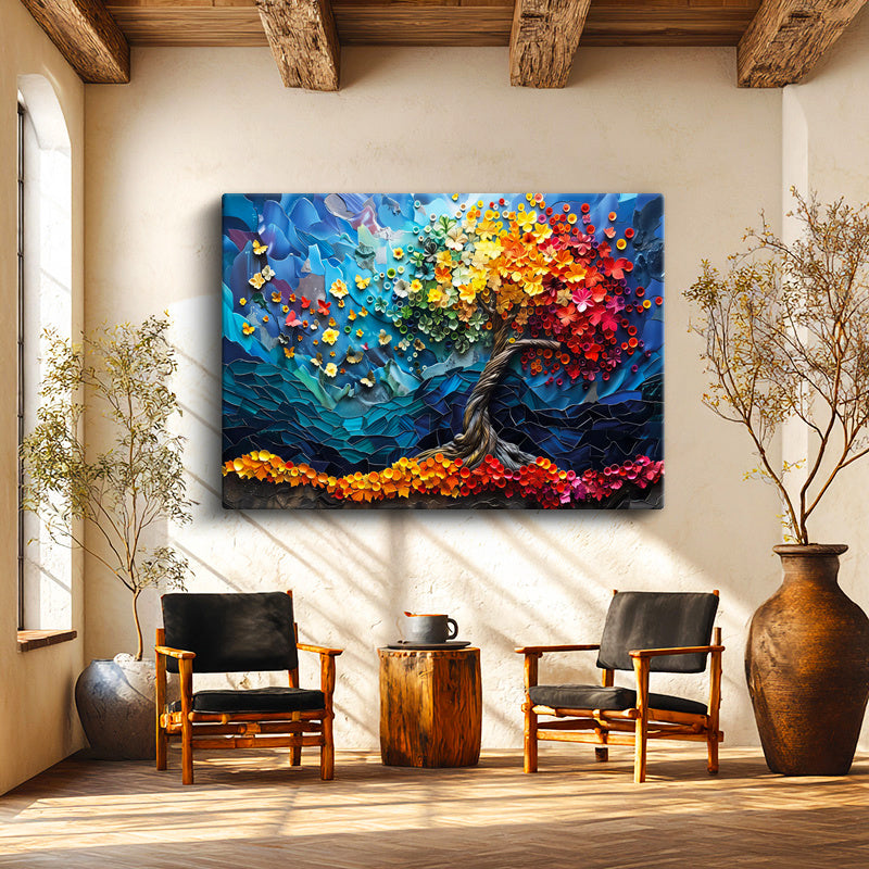 Yatay Kanvas Tablo Rengarenk Bahar Ağacı Çiçek Tablosu Ev Ofis Duvar Dekoru