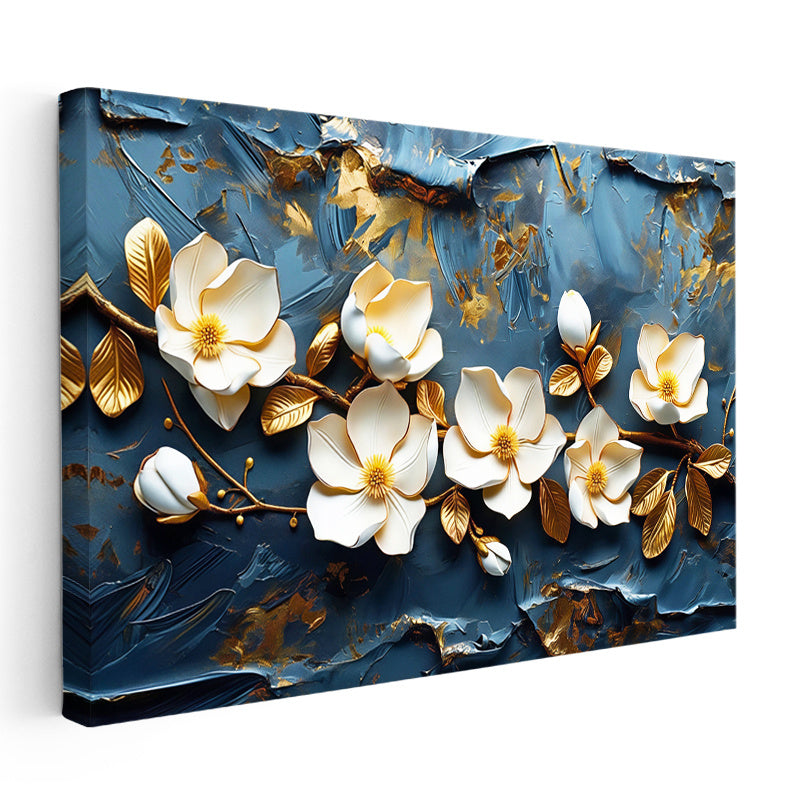 Yatay Kanvas Tablo Kabartma Görünümlü Manolya Dalı Çiçek Tablosu Ev Ofis Duvar Dekoru