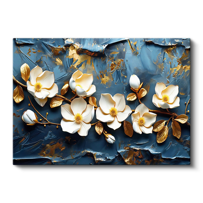 Yatay Kanvas Tablo Kabartma Görünümlü Manolya Dalı Çiçek Tablosu Ev Ofis Duvar Dekoru