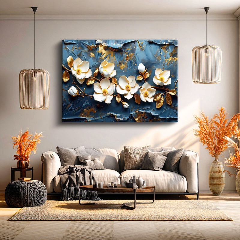 Yatay Kanvas Tablo Kabartma Görünümlü Manolya Dalı Çiçek Tablosu Ev Ofis Duvar Dekoru