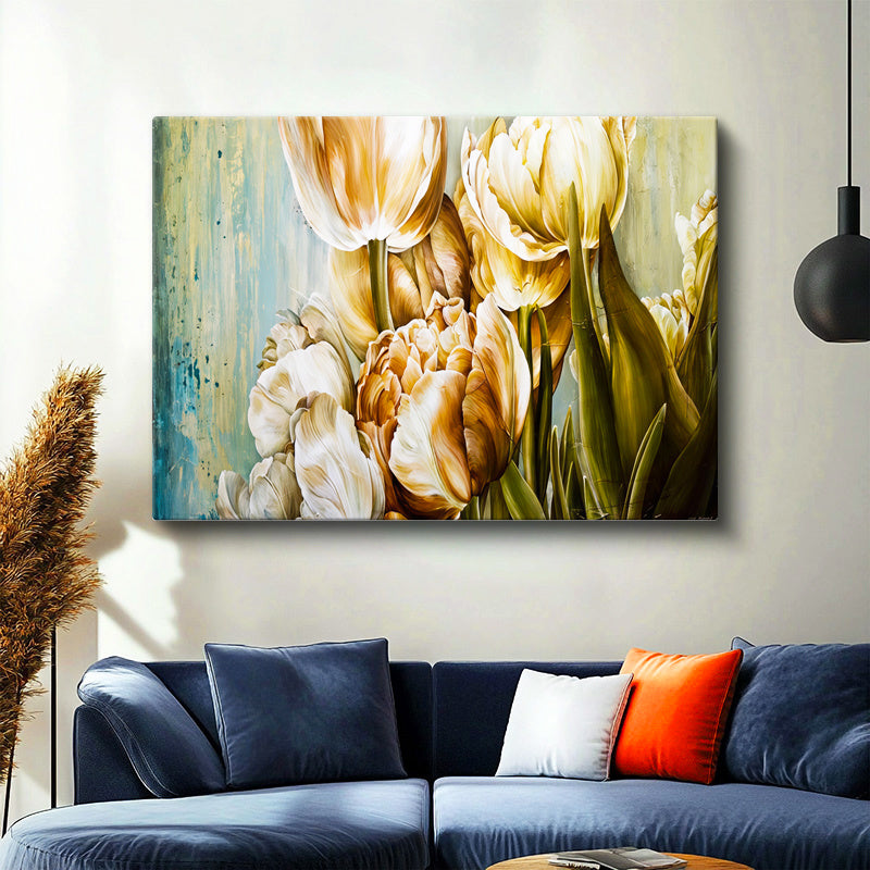Yatay Kanvas Tablo Zarif Lale Aranjmanı Çiçek Tablosu Ev Ofis Duvar Dekoru