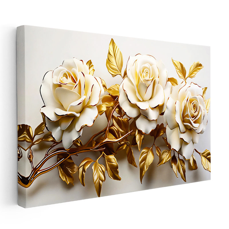 Yatay Kanvas Tablo Kabartma Görünümlü Üçlü Güller Çiçek Tablosu Ev Ofis Duvar Dekoru