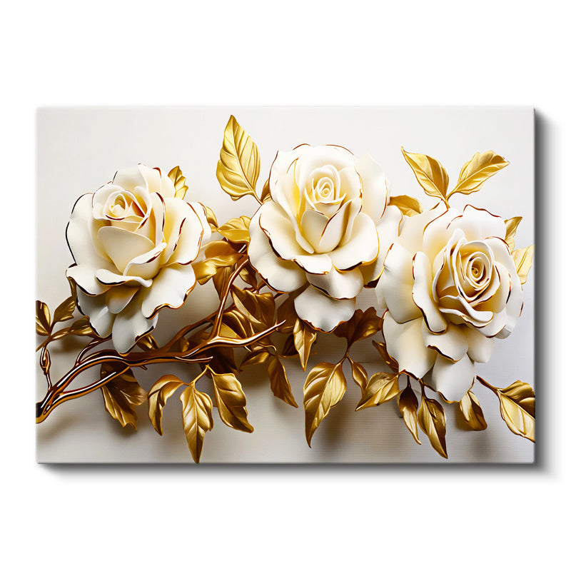 Yatay Kanvas Tablo Kabartma Görünümlü Üçlü Güller Çiçek Tablosu Ev Ofis Duvar Dekoru