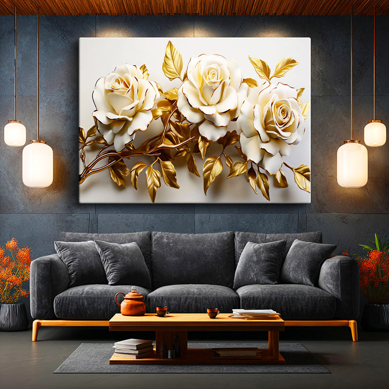Yatay Kanvas Tablo Kabartma Görünümlü Üçlü Güller Çiçek Tablosu Ev Ofis Duvar Dekoru