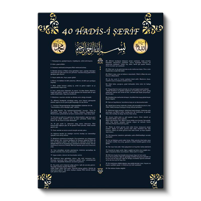 Dikey Kanvas Tablo 40 Hadisi Şerif Türkçe Yazılı Dini İslami Tablo Ev Ofis Duvar Dekoru