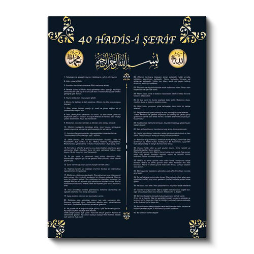 Dikey Kanvas Tablo 40 Hadisi Şerif Türkçe Yazılı Dini İslami Tablo Ev Ofis Duvar Dekoru