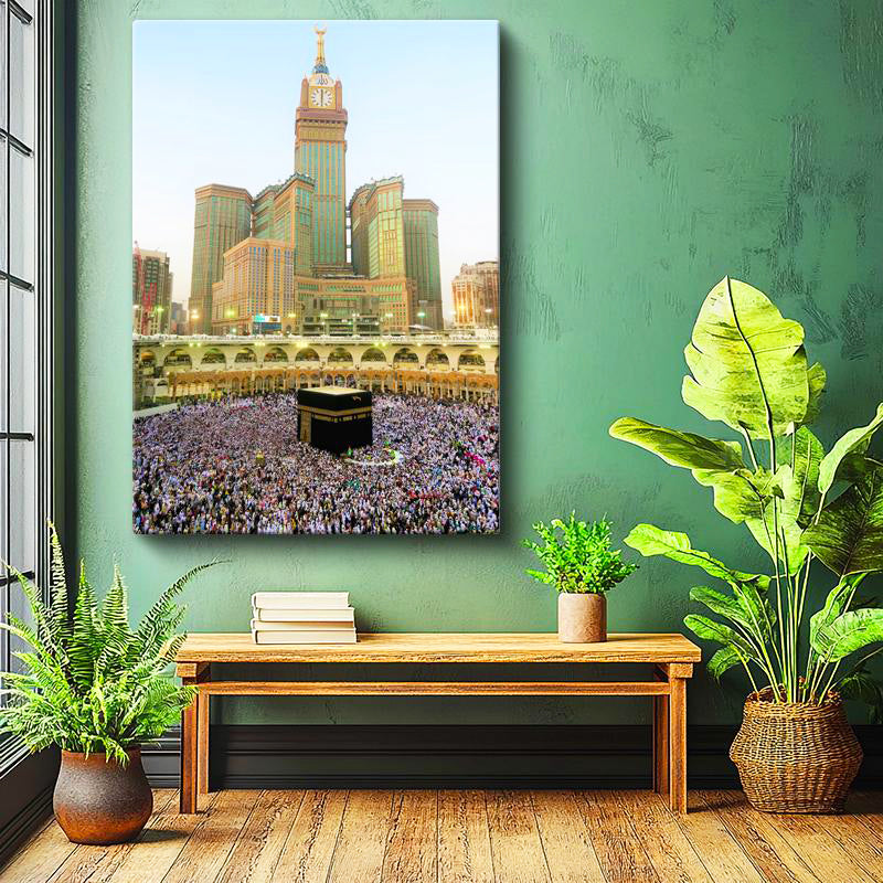 Dikey Kanvas Tablo Mekke Saat Kulesi Ve Kabe Manzarası Dini İslami Tablo Ev Ofis Duvar Dekoru