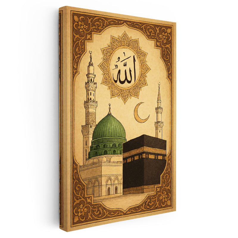 Dikey Kanvas Tablo Kabe ve Mescidi Nebevi Yeşil Kubbe Dini İslami Tablo Ev Ofis Duvar Dekoru