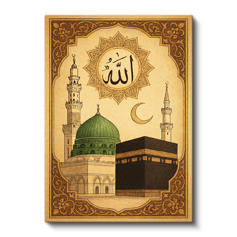 Dikey Kanvas Tablo Kabe ve Mescidi Nebevi Yeşil Kubbe Dini İslami Tablo Ev Ofis Duvar Dekoru