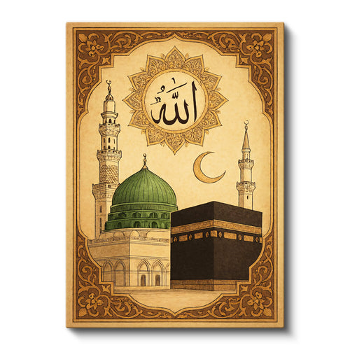 Dikey Kanvas Tablo Kabe ve Mescidi Nebevi Yeşil Kubbe Dini İslami Tablo Ev Ofis Duvar Dekoru