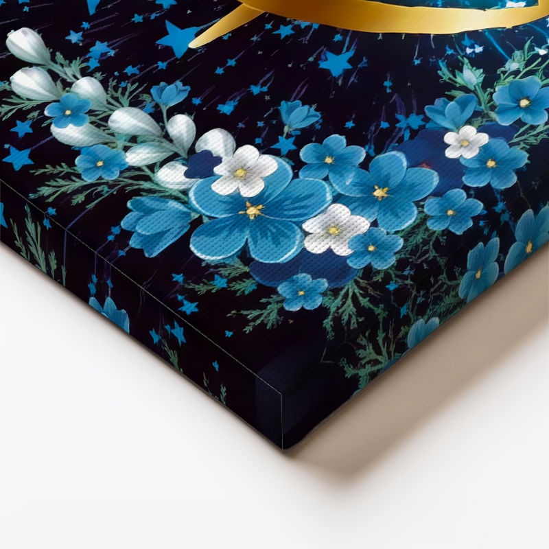 Dikey Kanvas Tablo Altın Vav Harfi Mavi Çiçek Süslemeli Dini İslami Tablo Ev Ofis Duvar Dekoru