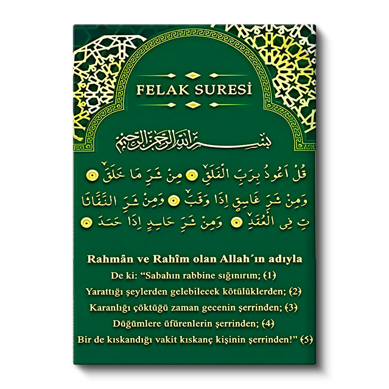 Dikey Kanvas Tablo Felak Suresi Türkçe Mealli Çini Desenli Dini İslami Tablo Ev Ofis Duvar Dekoru