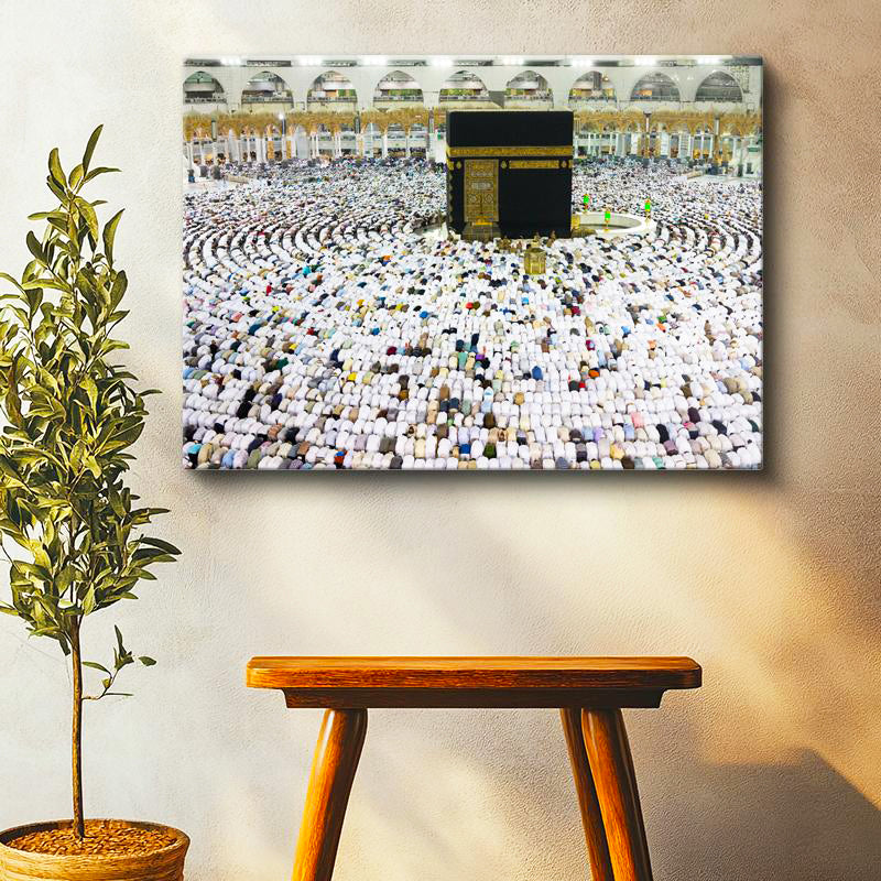 Yatay Kanvas Tablo Kabe Tavaf Dairesel İnsan Seli Dini İslami Tablo Ev Ofis Duvar Dekoru
