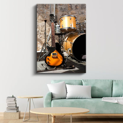 Rock Müzik Ekipmanları - Elektro Gitar ve Davul Seti Kanvas Tablo