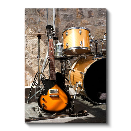 Rock Müzik Ekipmanları - Elektro Gitar ve Davul Seti Kanvas Tablo