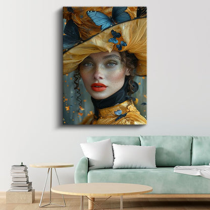 Mavi Kelebekler - Altın Tonlarında Fantastik Portre Kanvas Tablo
