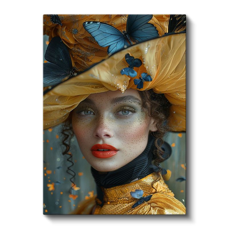Mavi Kelebekler - Altın Tonlarında Fantastik Portre Kanvas Tablo