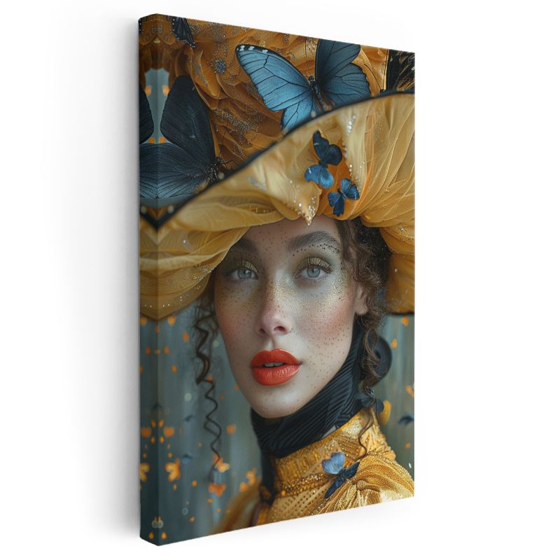 Mavi Kelebekler - Altın Tonlarında Fantastik Portre Kanvas Tablo