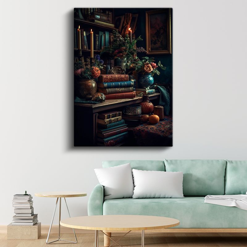 Nostaljik Kütüphane - Klasik Kitaplar ve Mumlarla Süslenmiş Kanvas Tablo