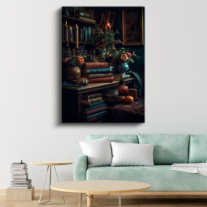 Nostaljik Kütüphane - Klasik Kitaplar ve Mumlarla Süslenmiş Kanvas Tablo
