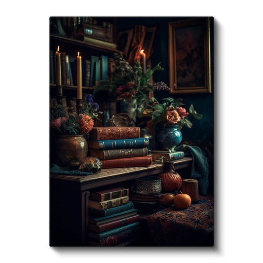 Nostaljik Kütüphane - Klasik Kitaplar ve Mumlarla Süslenmiş Kanvas Tablo
