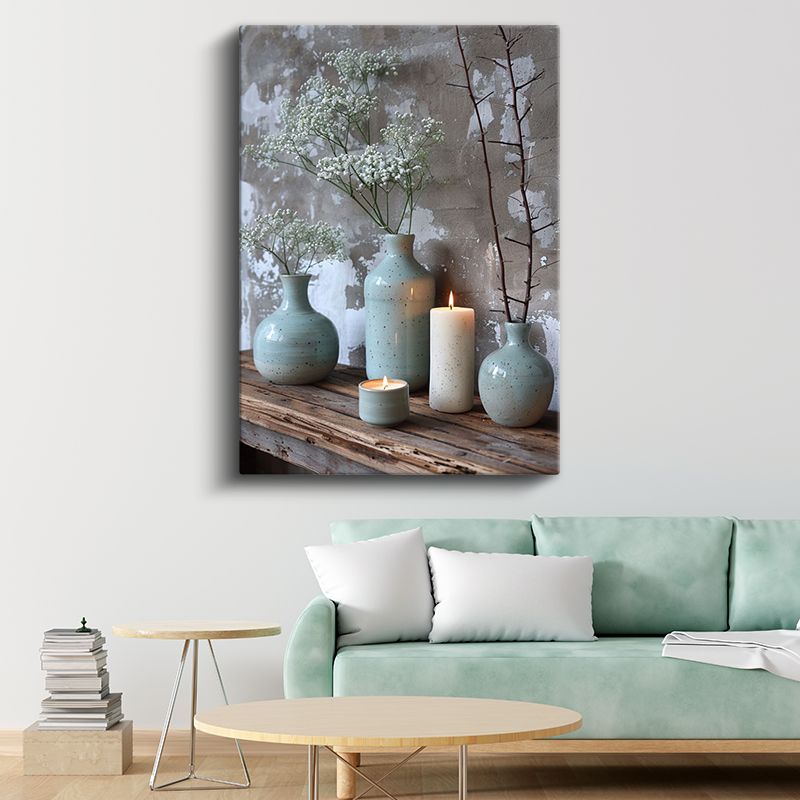 Minimalist Vazolar - Beyaz Çiçekler ve Mumlarla Dekoratif Kanvas Tablo