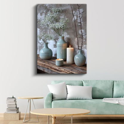Minimalist Vazolar - Beyaz Çiçekler ve Mumlarla Dekoratif Kanvas Tablo