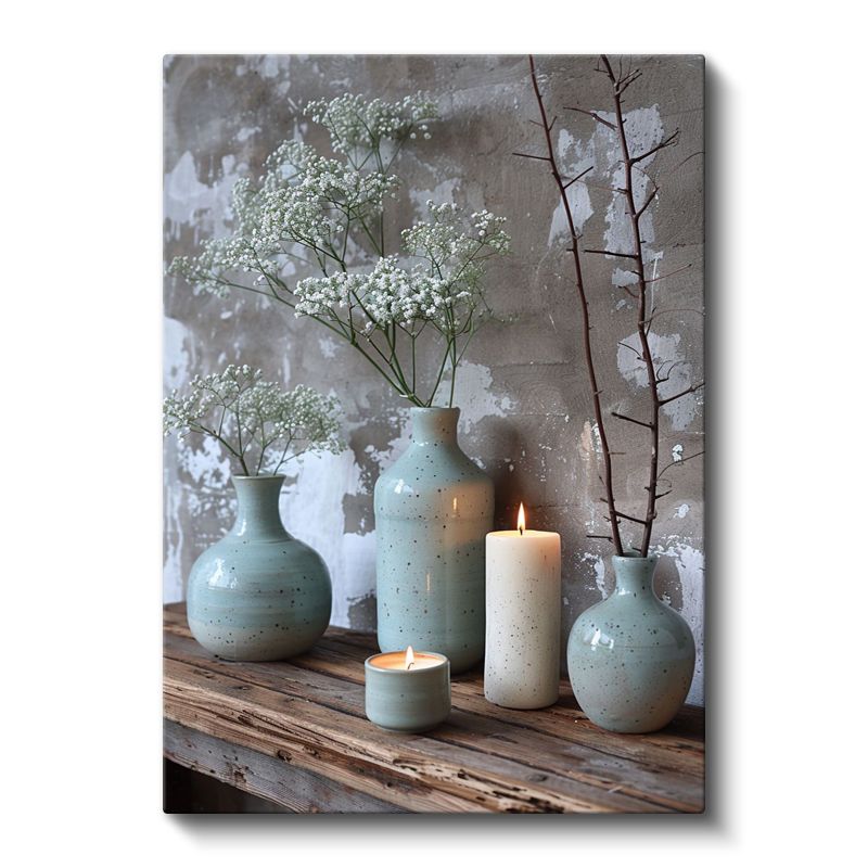 Minimalist Vazolar - Beyaz Çiçekler ve Mumlarla Dekoratif Kanvas Tablo