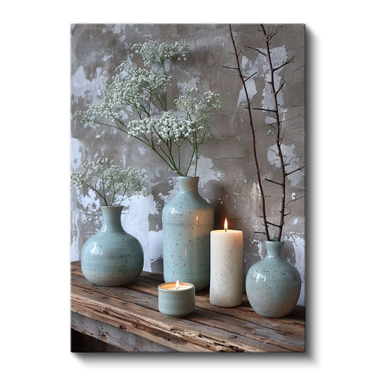 Minimalist Vazolar - Beyaz Çiçekler ve Mumlarla Dekoratif Kanvas Tablo