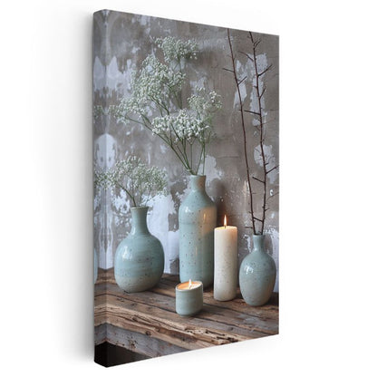 Minimalist Vazolar - Beyaz Çiçekler ve Mumlarla Dekoratif Kanvas Tablo