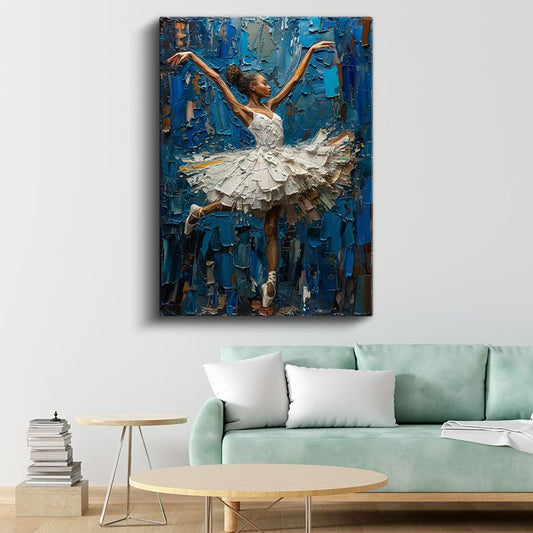 Zarif Balerin - Mavi Tonlarda Yağlı Boya Dans Kanvas Tablo