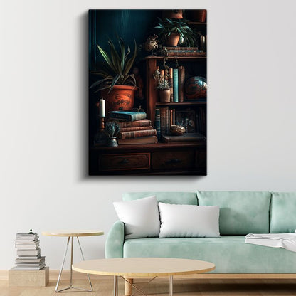 Vintage Kitaplık - Nostaljik Okuma Köşesi Kanvas Tablo