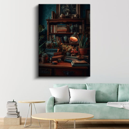 Çalışma Masası - Botanik Kitap Düzenlemesi Kanvas Tablo