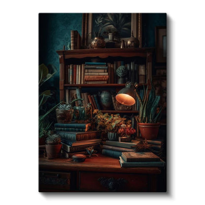 Çalışma Masası - Botanik Kitap Düzenlemesi Kanvas Tablo