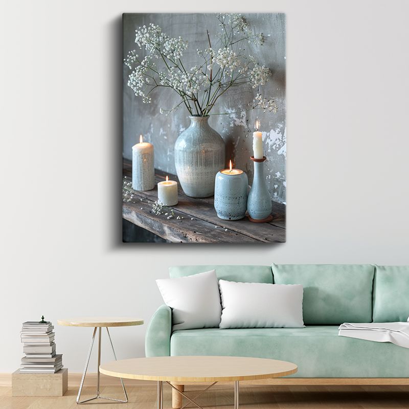 Beyaz Çiçekler - Huzur Veren Mum Işığı Kanvas Tablo